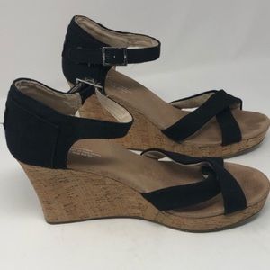 Toms Black Canvas and Cork Platform Wedges Size 11